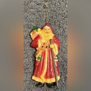 Vintage Resin Christmas Ornament Santa Claus Walking Stick Presents 5.25”
